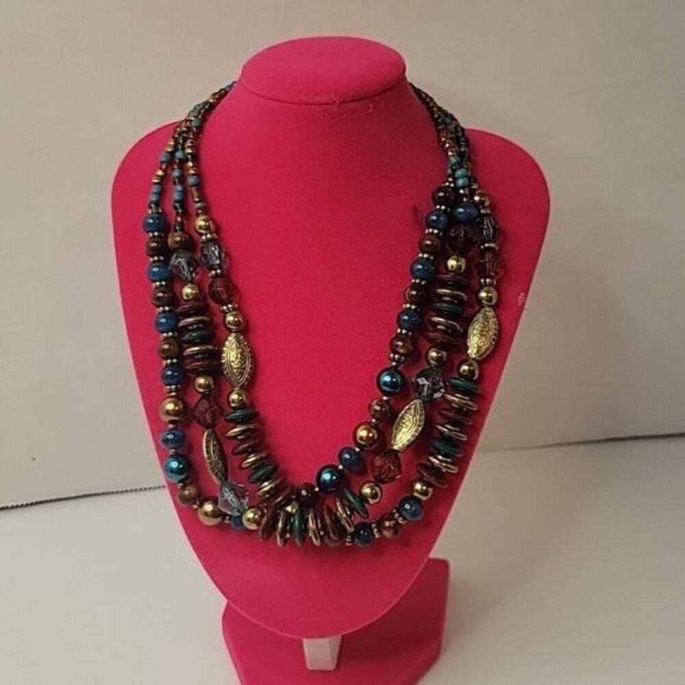Vintage Multi-Strand Beaded Statement Necklace With Gold Blue & Green Accents